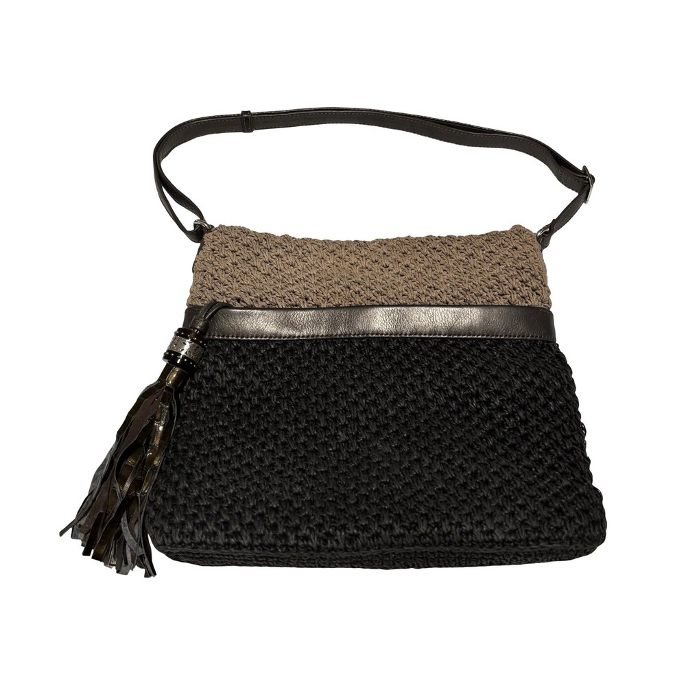 BRIGHTON Woven Raffia and Leather Messanger Bag‎ in Black and Beige 12 x 11 x 2
